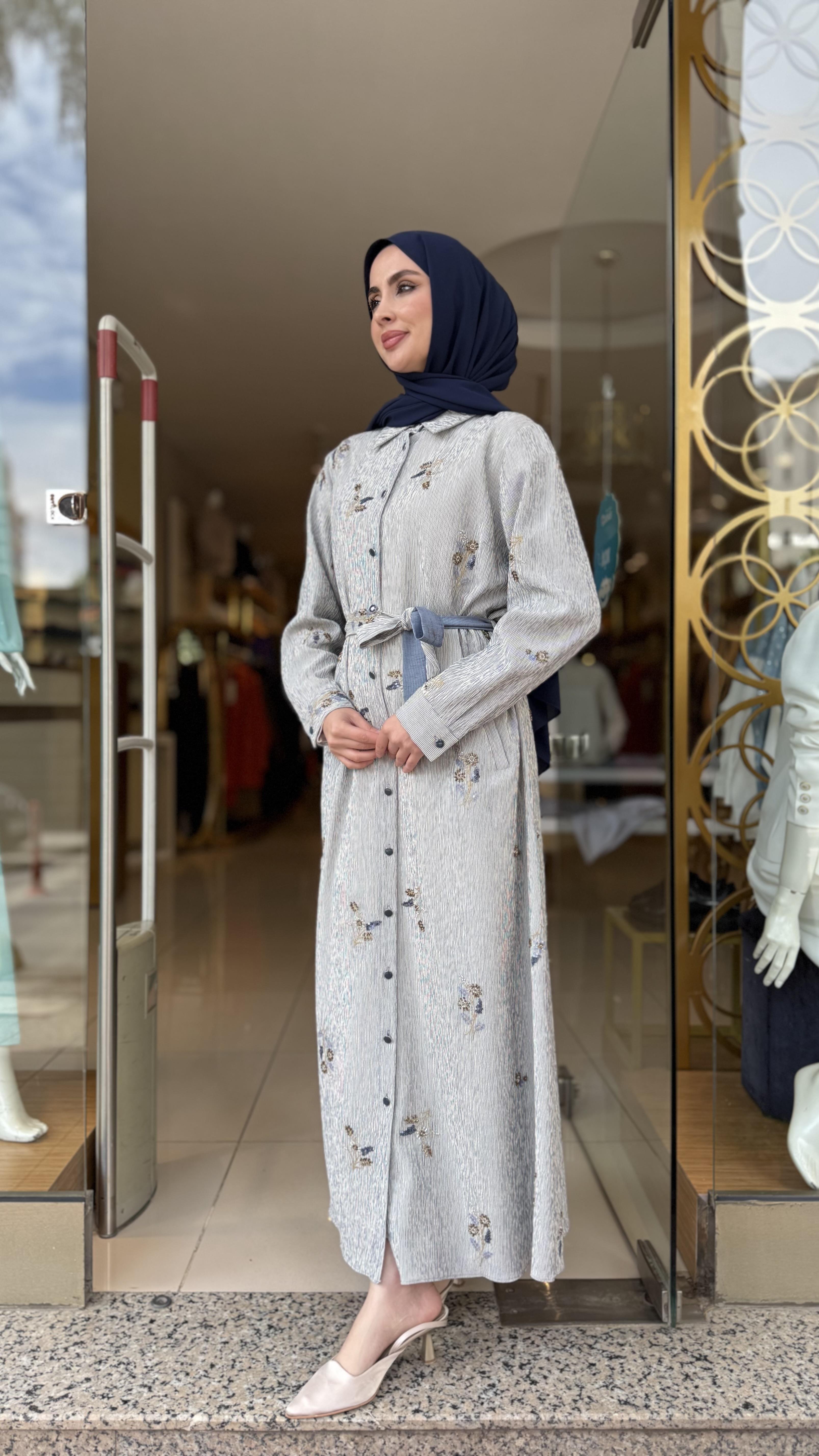 Nakışlı Gömlek Elbise - Mavi