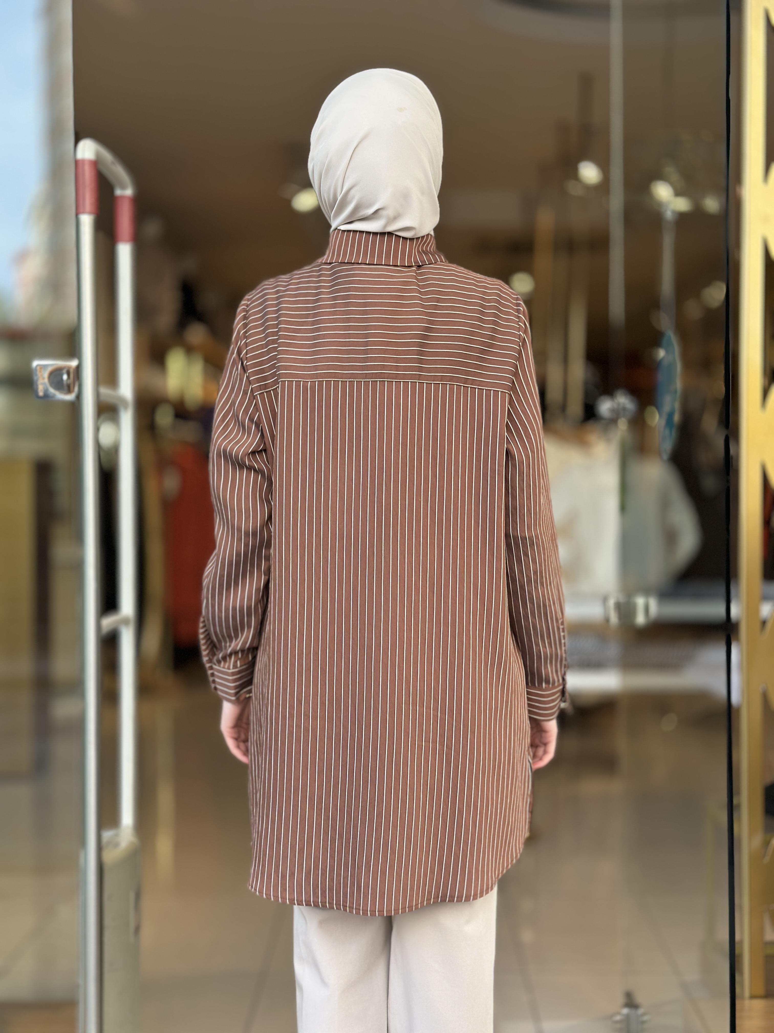 Sim Geçişli Çizgili Gömlek - Kahverengi
