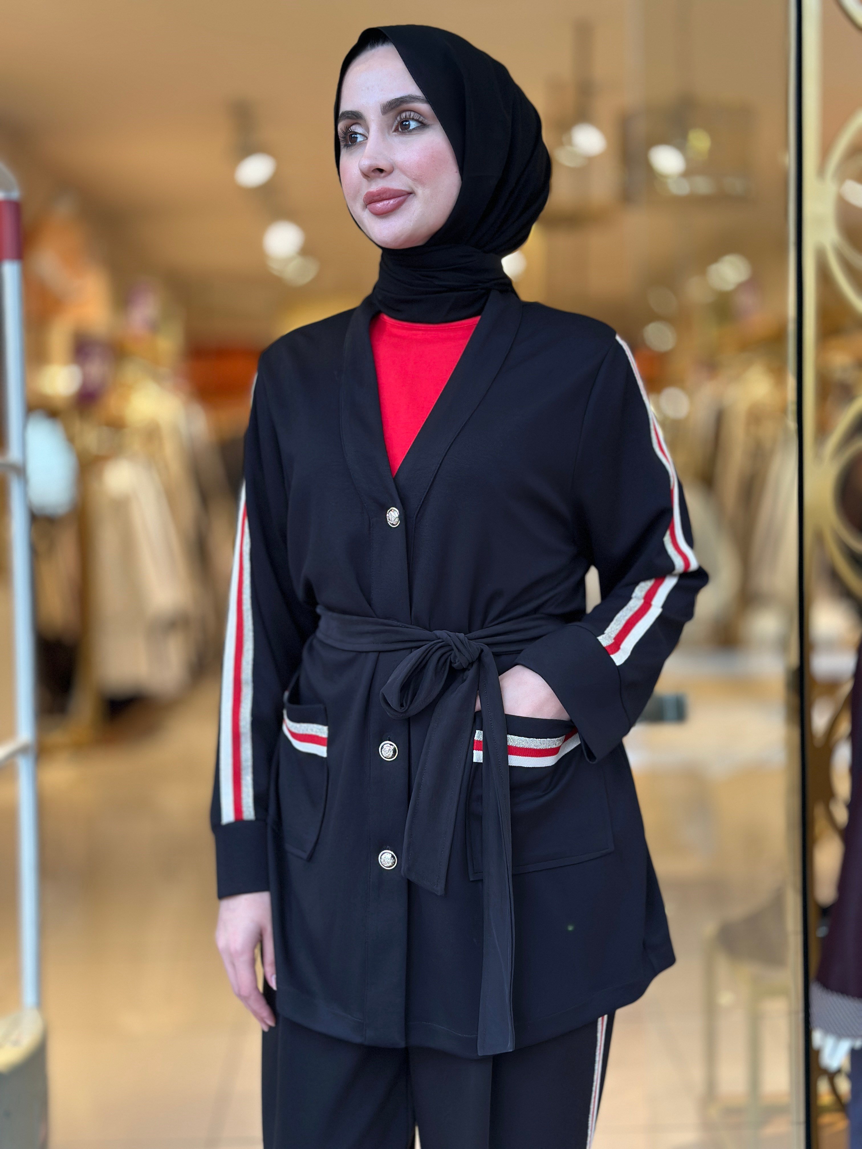 Sim Şerit Detaylı Modal Takım - Siyah