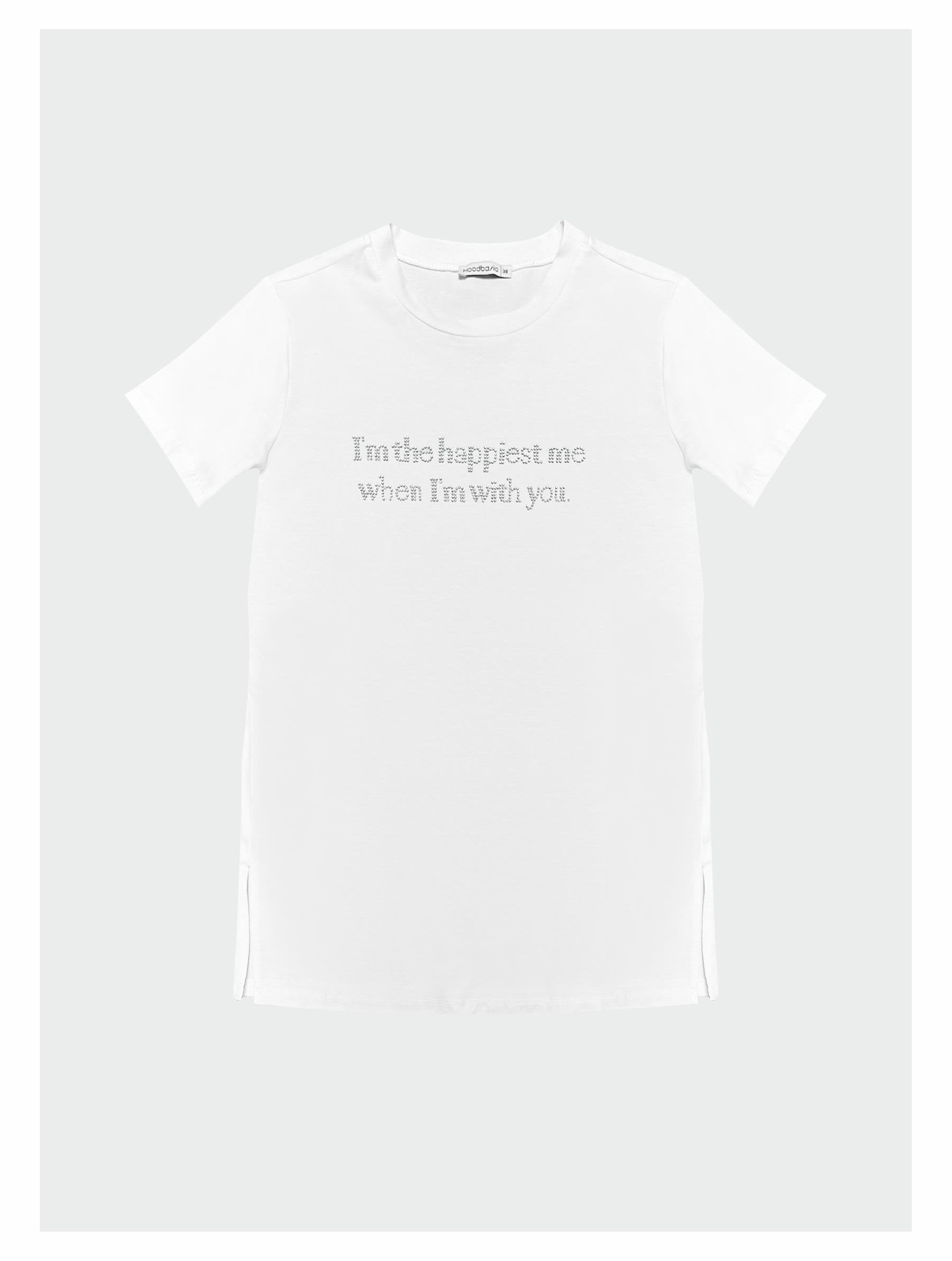 Taşlı Yazılı T-shirt - Beyaz