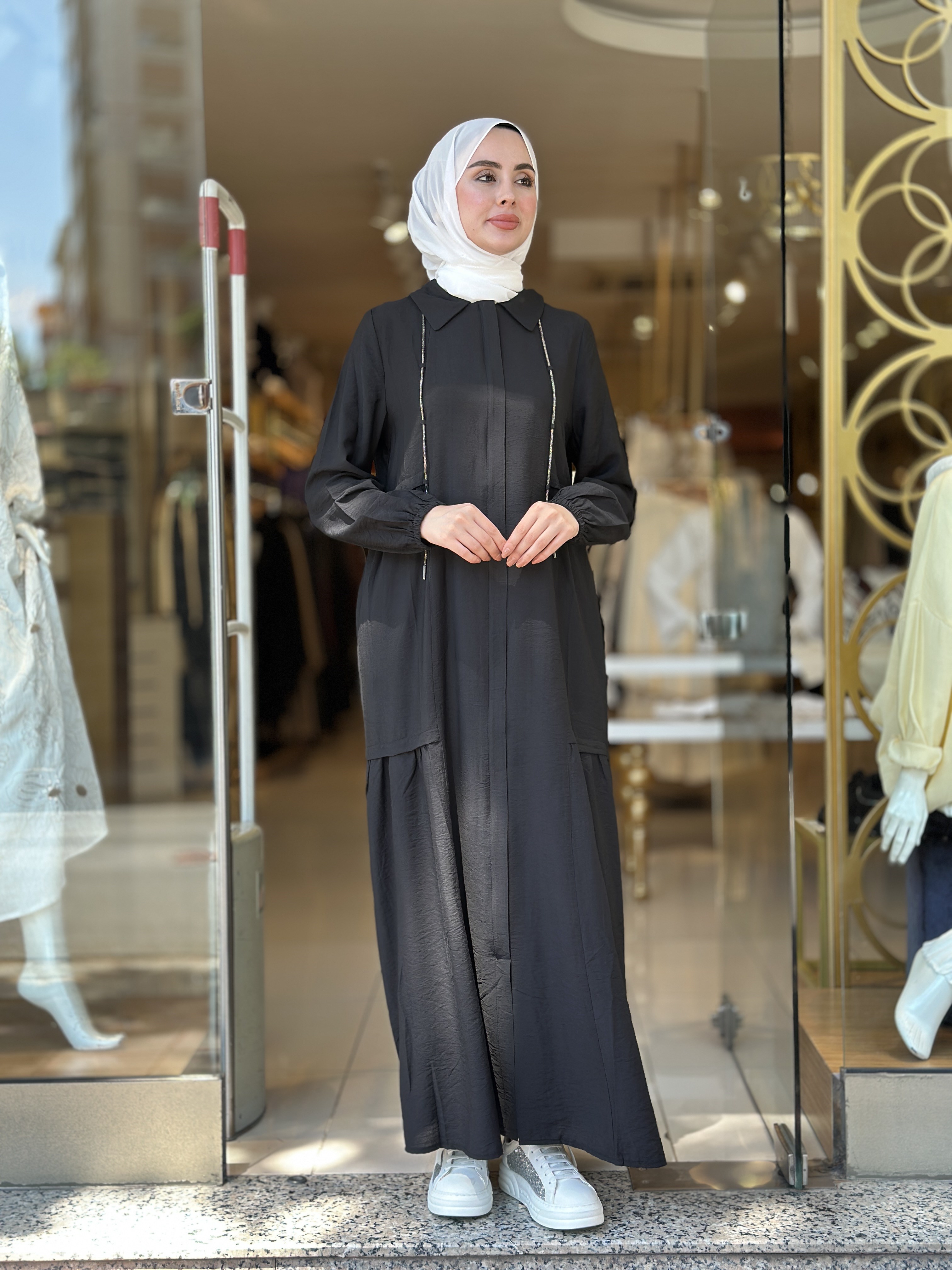 Tencel Taş Detaylı kap - Siyah 