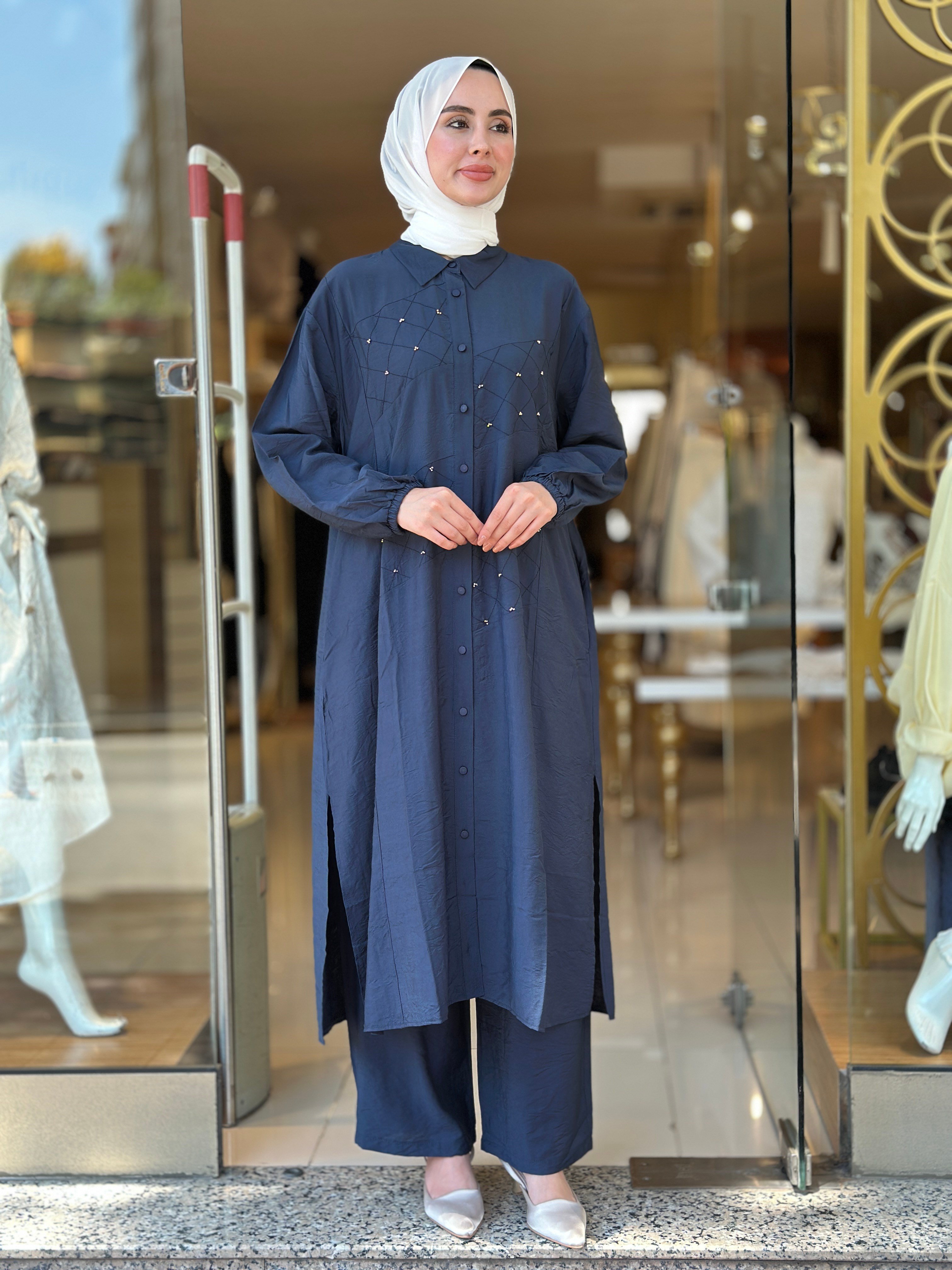 Tencel Taş İşlemeli Takım - Lacivert