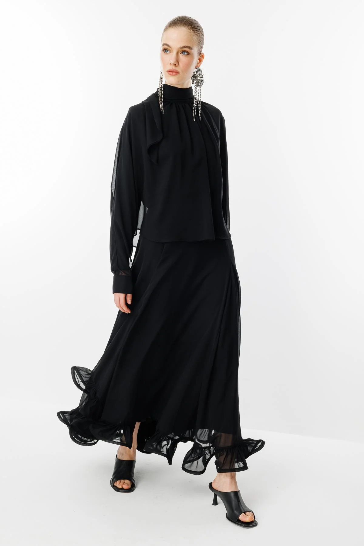 Volanlı Şifon Takım - Siyah