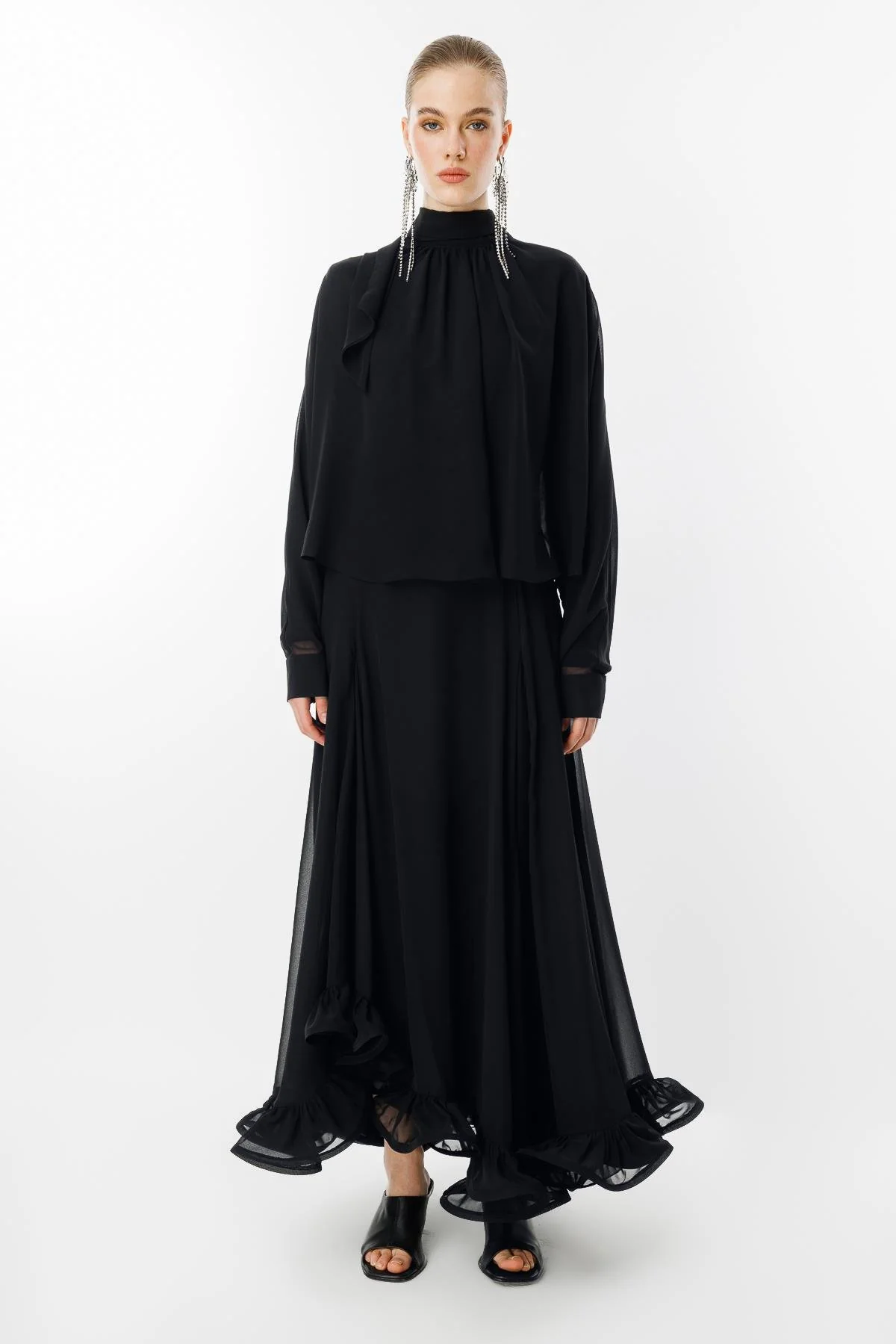 Volanlı Şifon Takım - Siyah