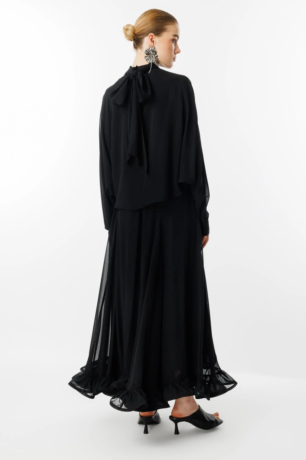 Volanlı Şifon Takım - Siyah