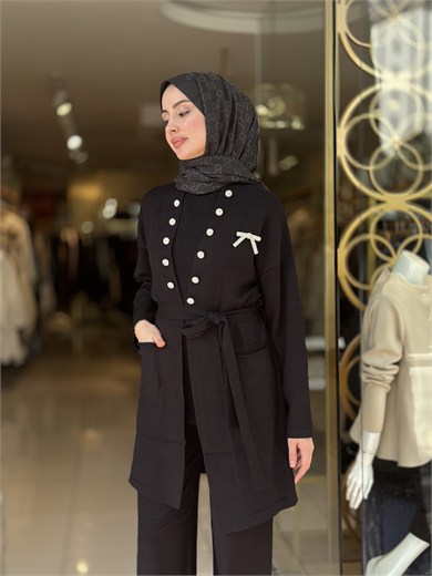 Aksesuarlı Üçlü Triko Takım - Siyah