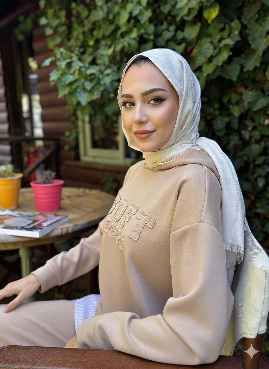 Aplike Nakışlı Kapüşonlu Oyso Takım - Bej