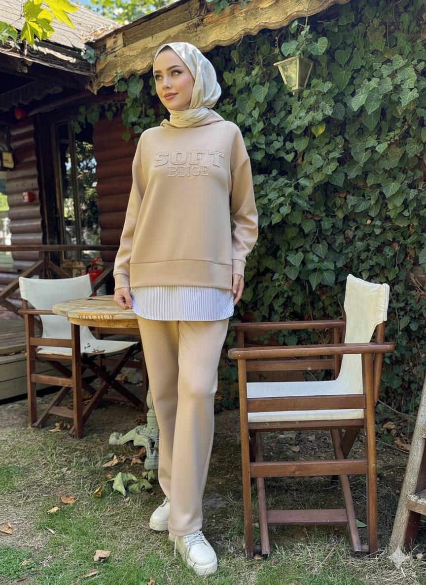 Aplike Nakışlı Kapüşonlu Oyso Takım - Bej