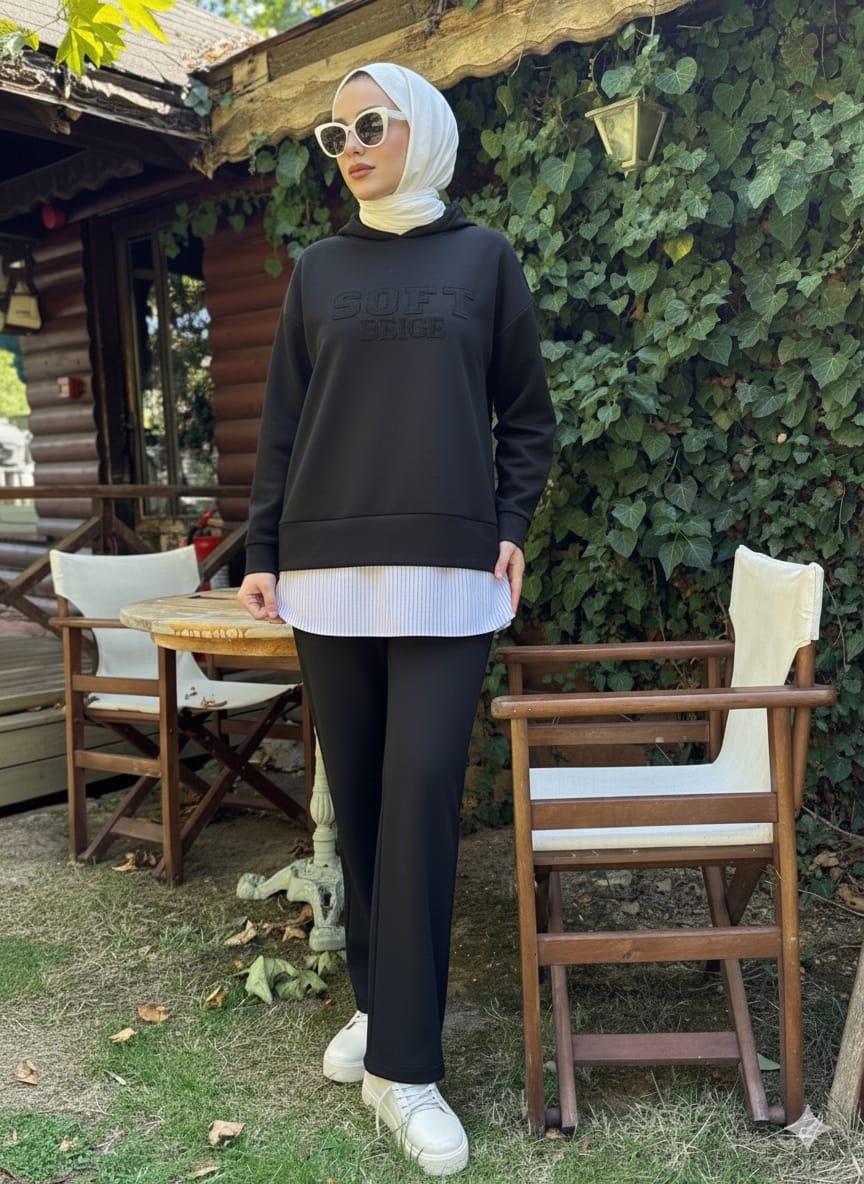 Aplike Nakışlı Kapüşonlu Oyso Takım - Siyah