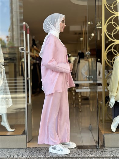 Bağlama Detaylı Kimono Takım - Pembe 