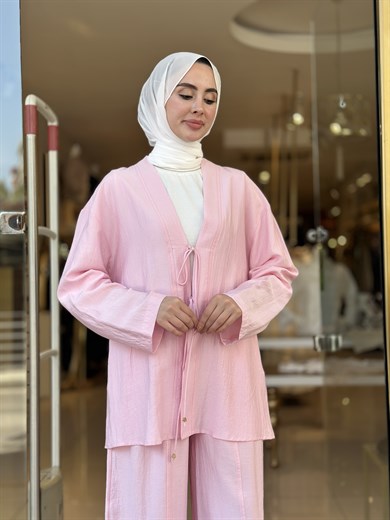 Bağlama Detaylı Kimono Takım - Pembe 