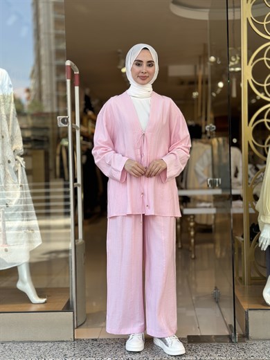 Bağlama Detaylı Kimono Takım - Pembe 