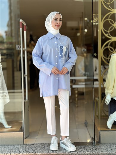 Baskılı Cotton Tunik - Mavi