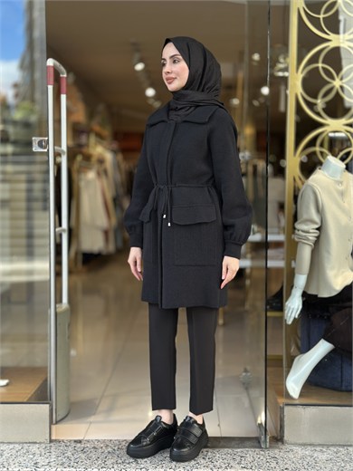Bel Büzgülü Angora Kap - Siyah 