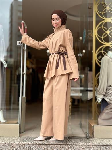 Belden Kemerli Poplin Pantolon Takım - Camel