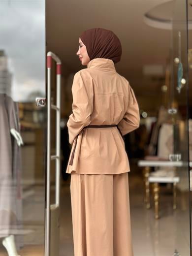 Belden Kemerli Poplin Pantolon Takım - Camel