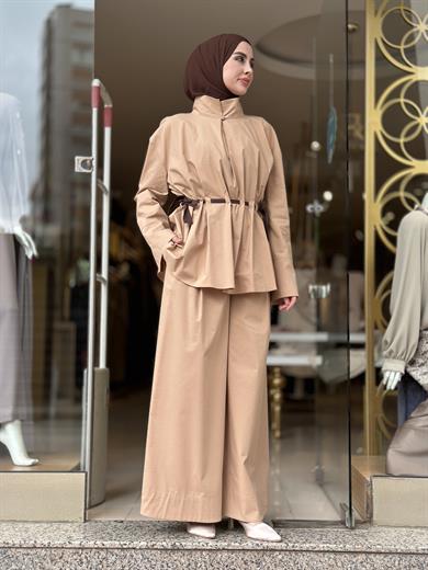 Belden Kemerli Poplin Pantolon Takım - Camel