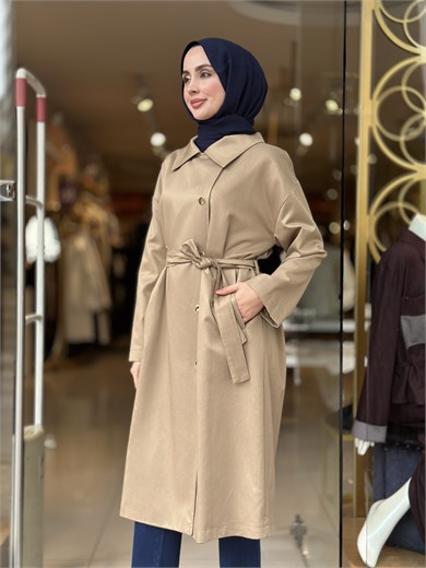 Belden Kuşaklı Şık Trençkot - Camel 