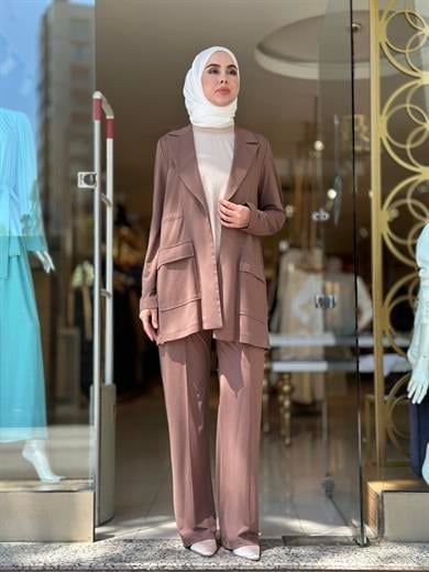 Beli Büzgülü Örme Ceketli Takım - Çikolata 