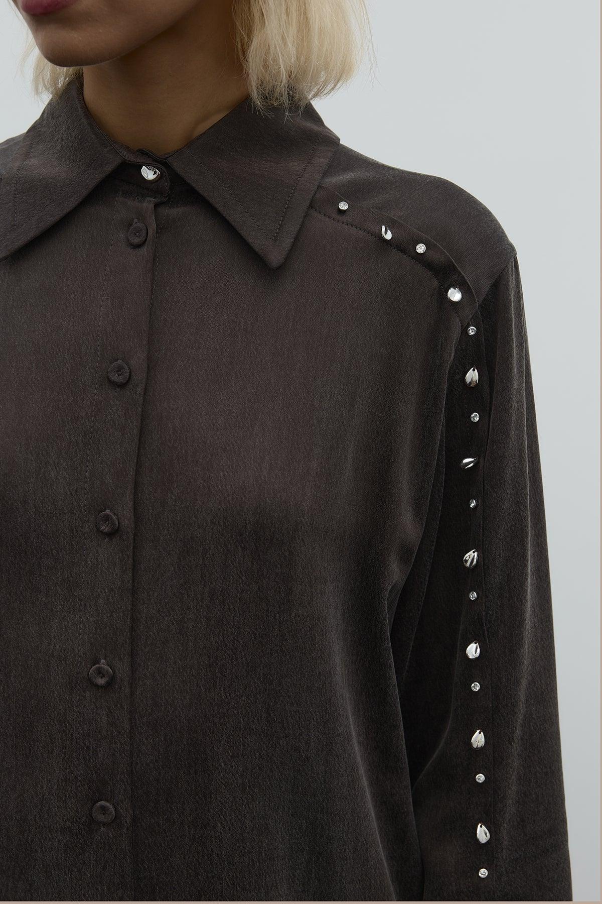 Boncuk İşlemeli İpek Cupro Bluz - Kahverengi