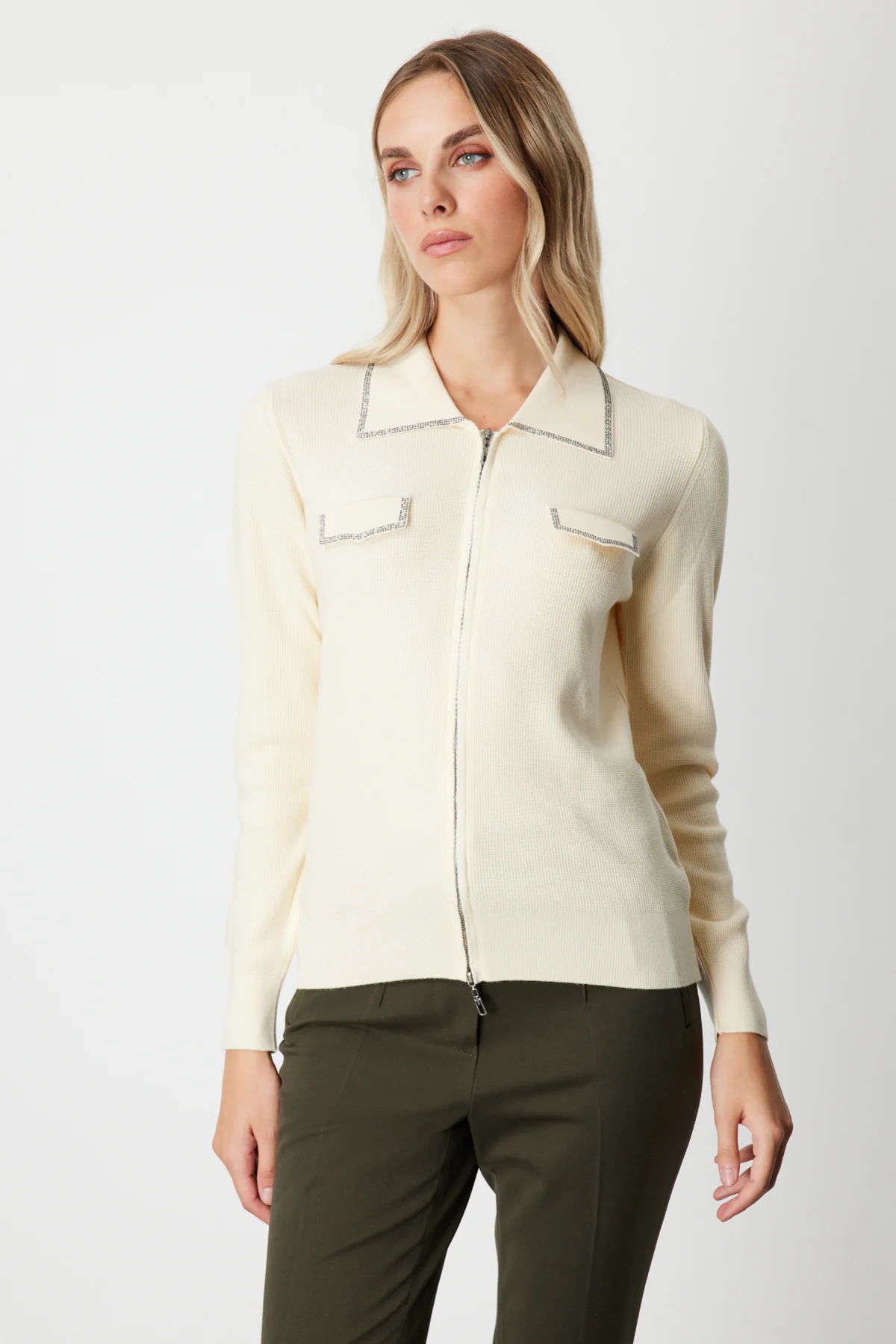 Cep Kapaklı Fermuarlı Triko Hırka- Krem