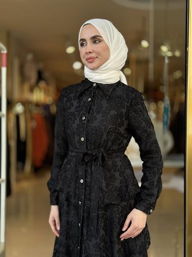 Çiçek Desen Kat Kat Şık Elbise - Siyah 