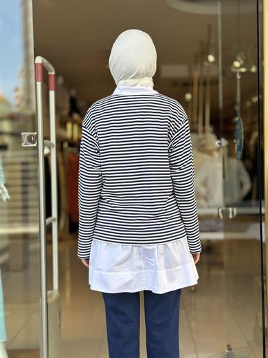 Çizgili Gömlek Yaka Sweatshirt - Lacivert