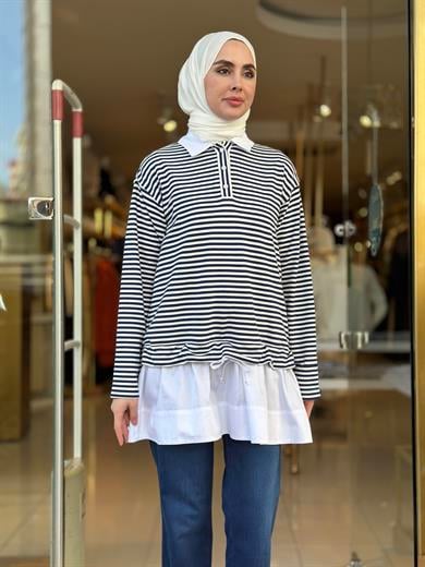 Çizgili Gömlek Yaka Sweatshirt - Lacivert