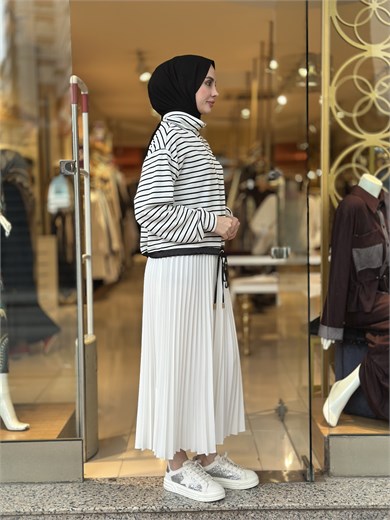 Çizgili Zıp Sweatshirt - Ekru 