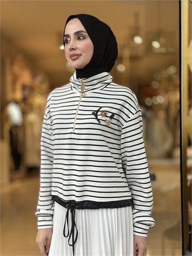 Çizgili Zıp Sweatshirt - Ekru 