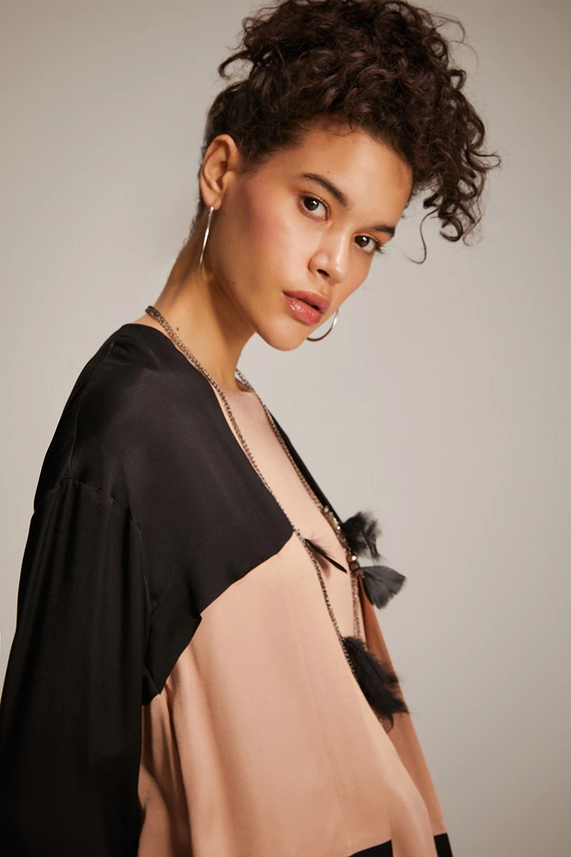 Colorblock Dökümlü Bluz - Somon