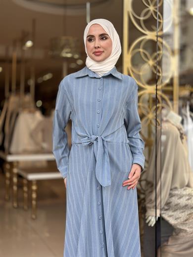 Cotton Viscon Belden Bağlamalı Elbise - Mavi