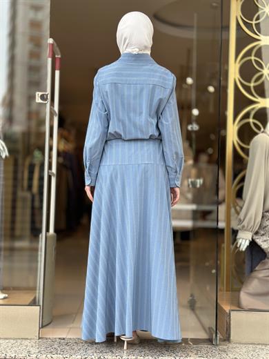 Cotton Viscon Belden Bağlamalı Elbise - Mavi