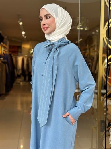 Cotton Viscon Çizgi Fularlı Elbise - Mavi