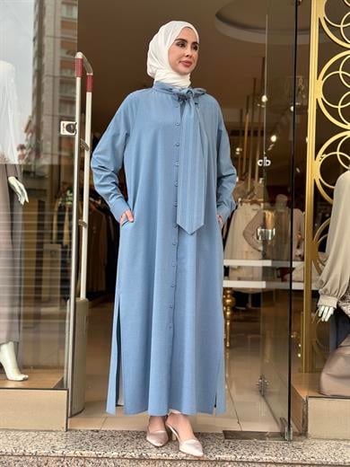 Cotton Viscon Çizgi Fularlı Elbise - Mavi