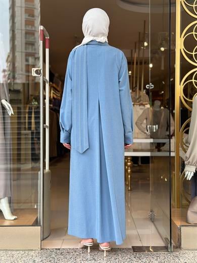 Cotton Viscon Çizgi Fularlı Elbise - Mavi