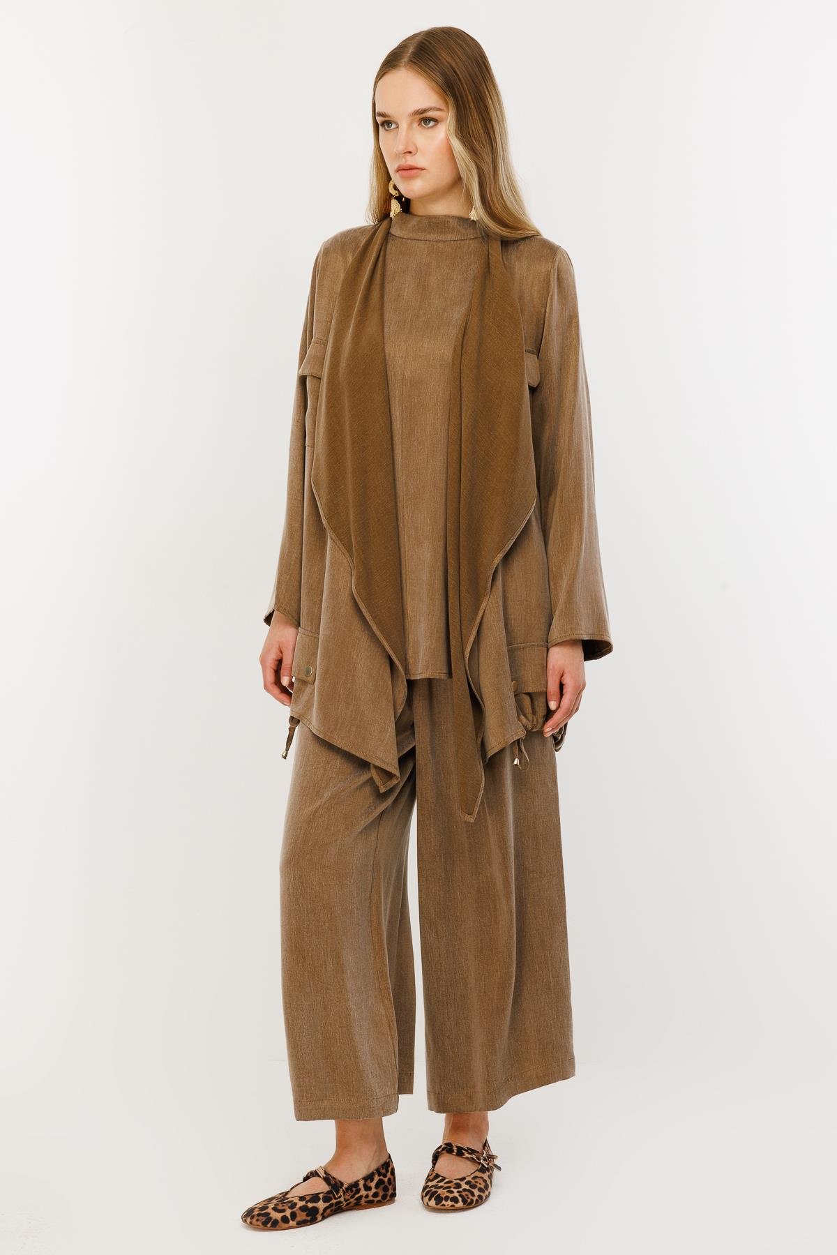 Cupro İpek Üçlü Takım - Kahve