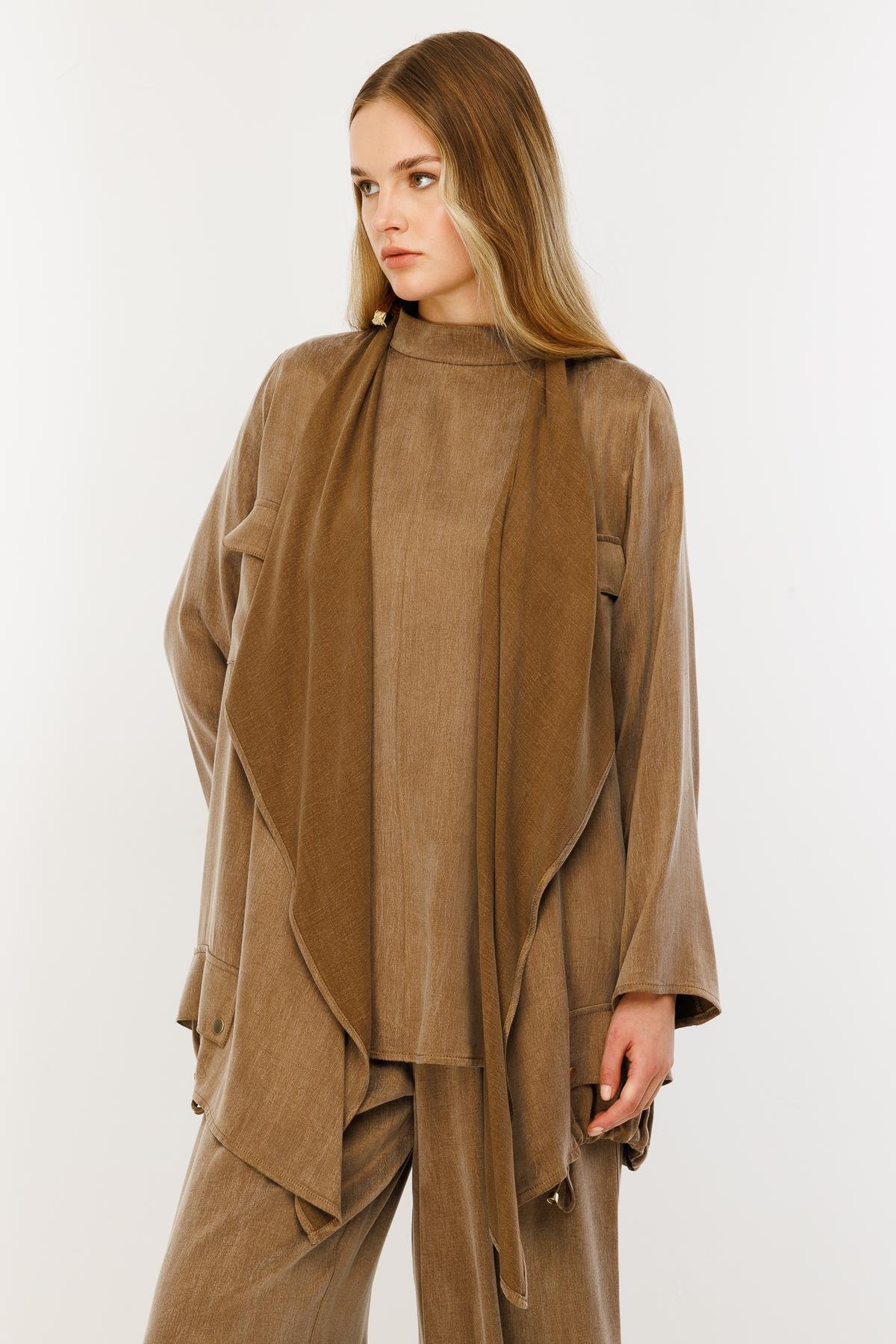 Cupro İpek Üçlü Takım - Kahve