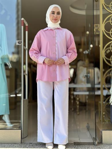 Dantelli Jakar Detay Gömlek - Pembe