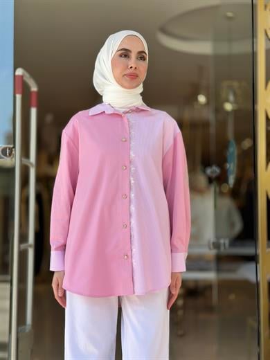 Dantelli Jakar Detay Gömlek - Pembe