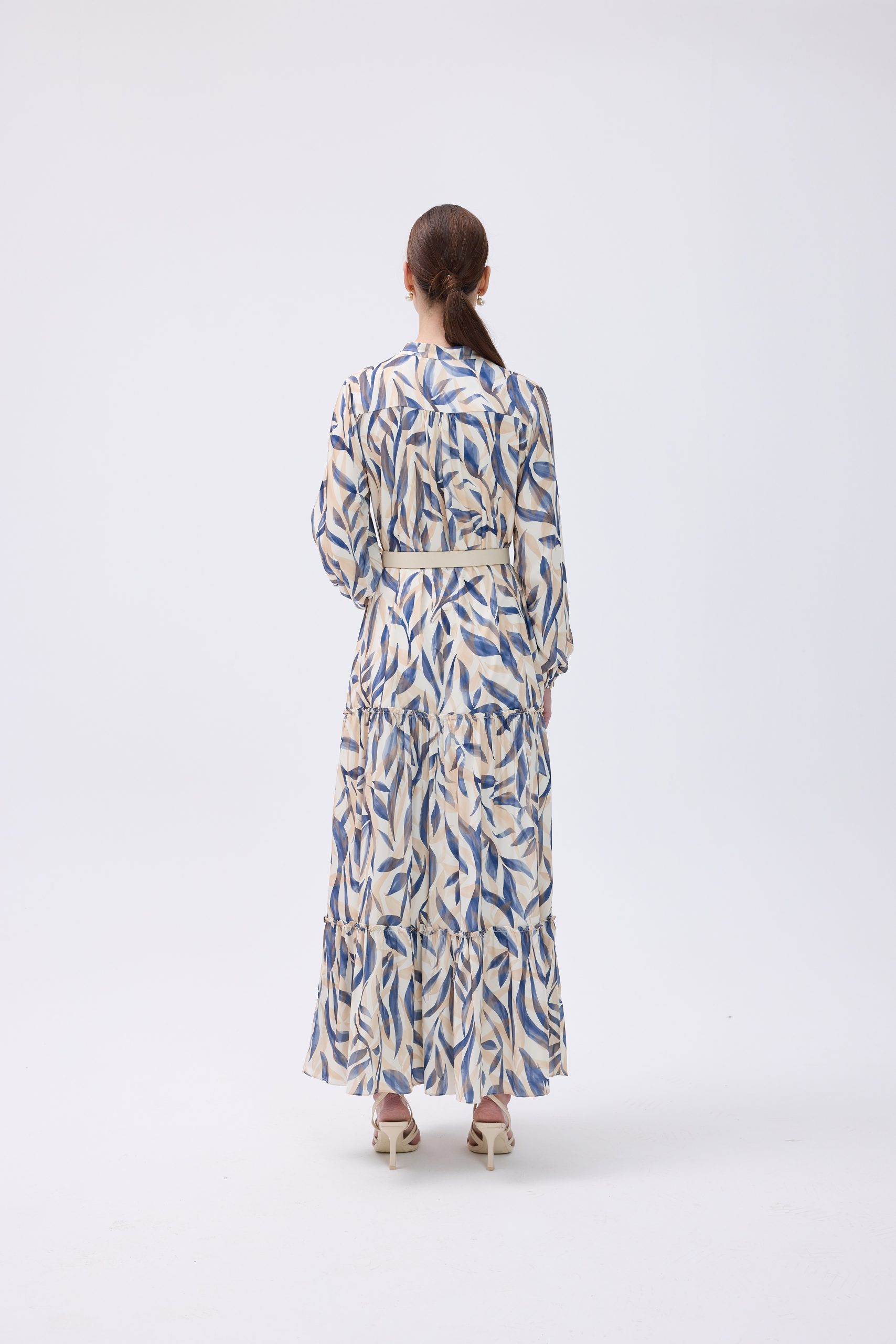 Desenli Kemerli Maxi Elbise 