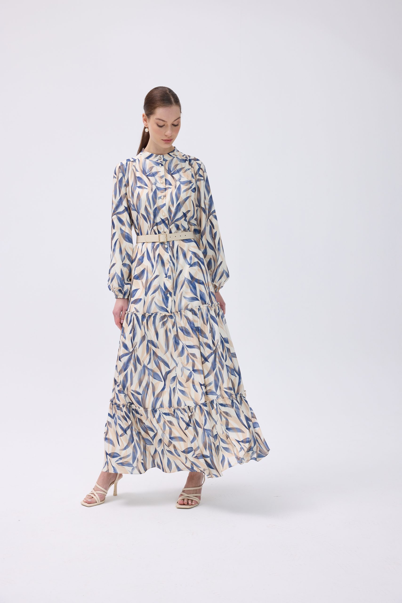 Desenli Kemerli Maxi Elbise 