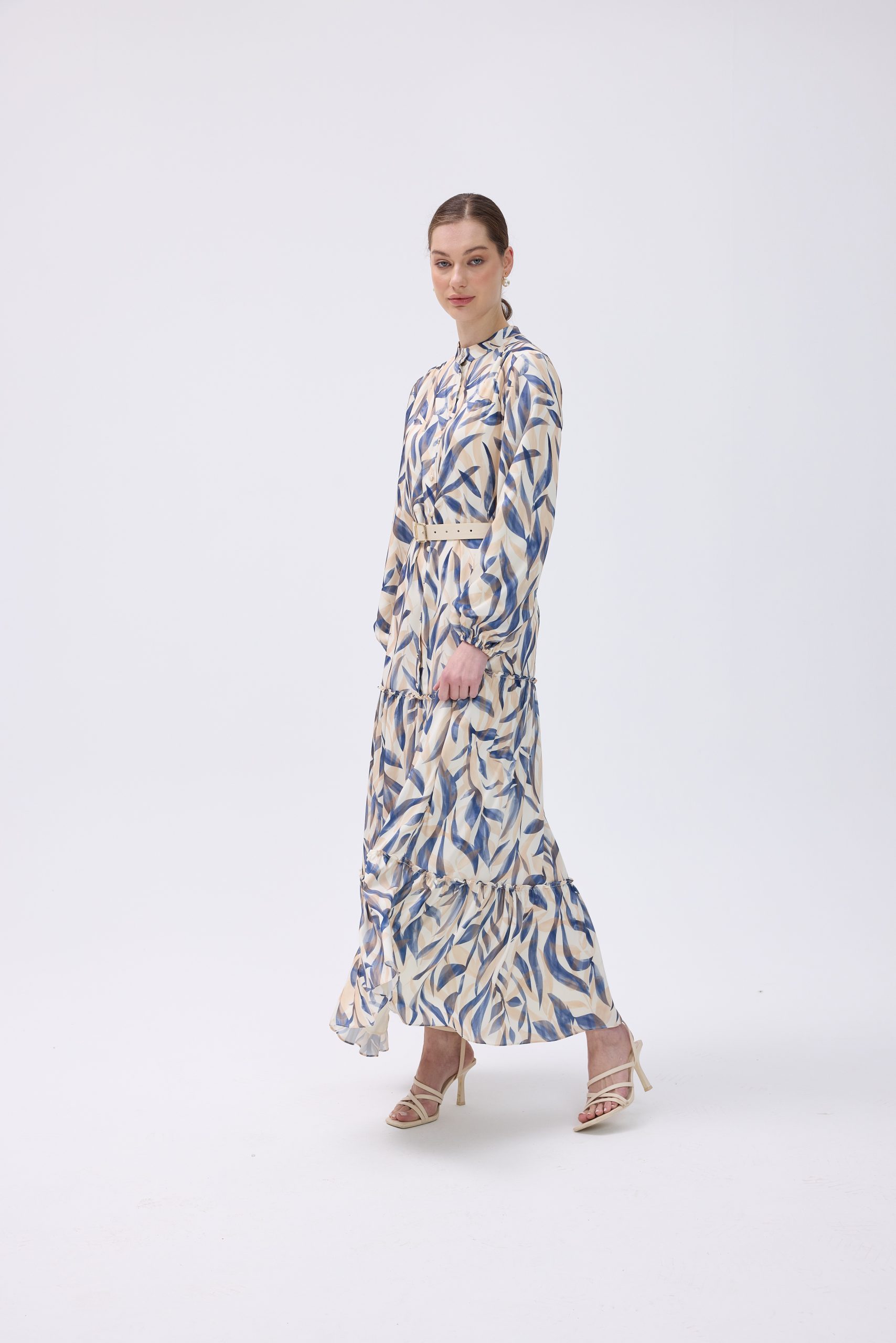 Desenli Kemerli Maxi Elbise 