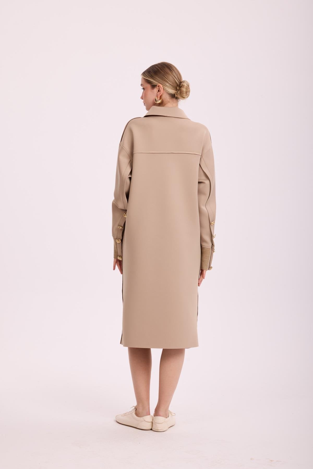 Düğme Detay Scuba Kap - Bej