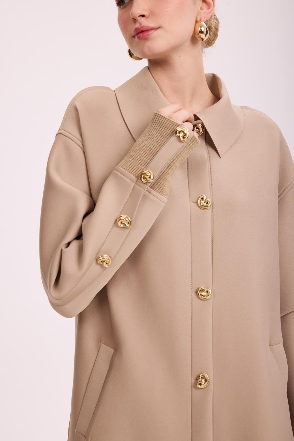 Düğme Detay Scuba Kap - Bej