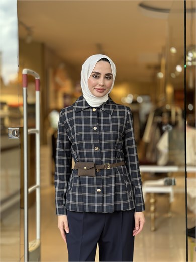 Ekose Desenli Kemer Detaylı Ceket - Lacivert