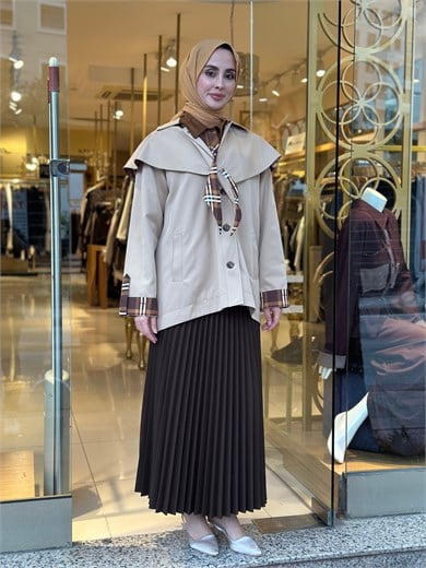 Ekose Detaylı Trençkot - Camel