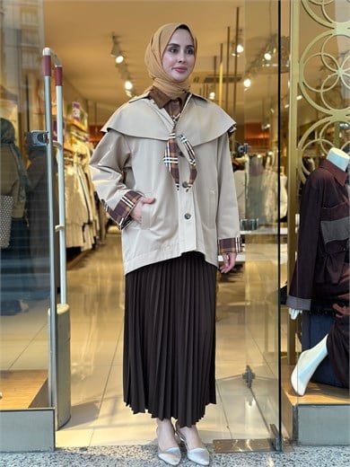 Ekose Detaylı Trençkot - Camel