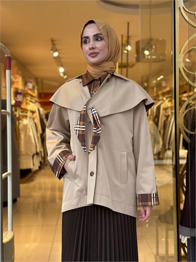 Ekose Detaylı Trençkot - Camel