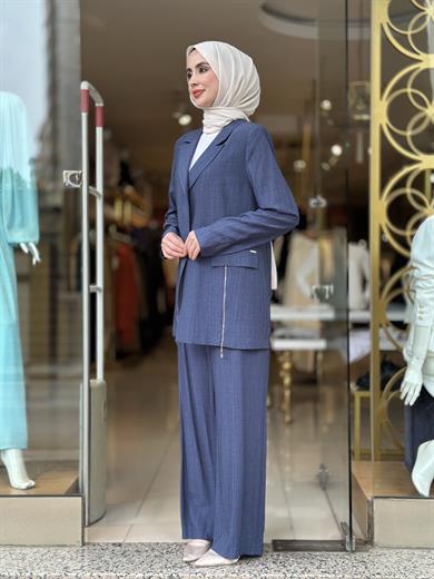 Fermuar Detaylı Blazer Takım - İndigo 